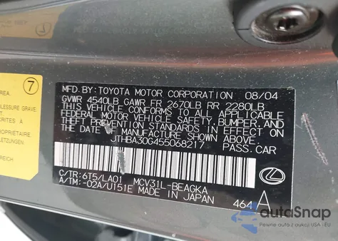 2005 Lexus Es 330 из США, поврежденный, VIN JTHBA30G455068217